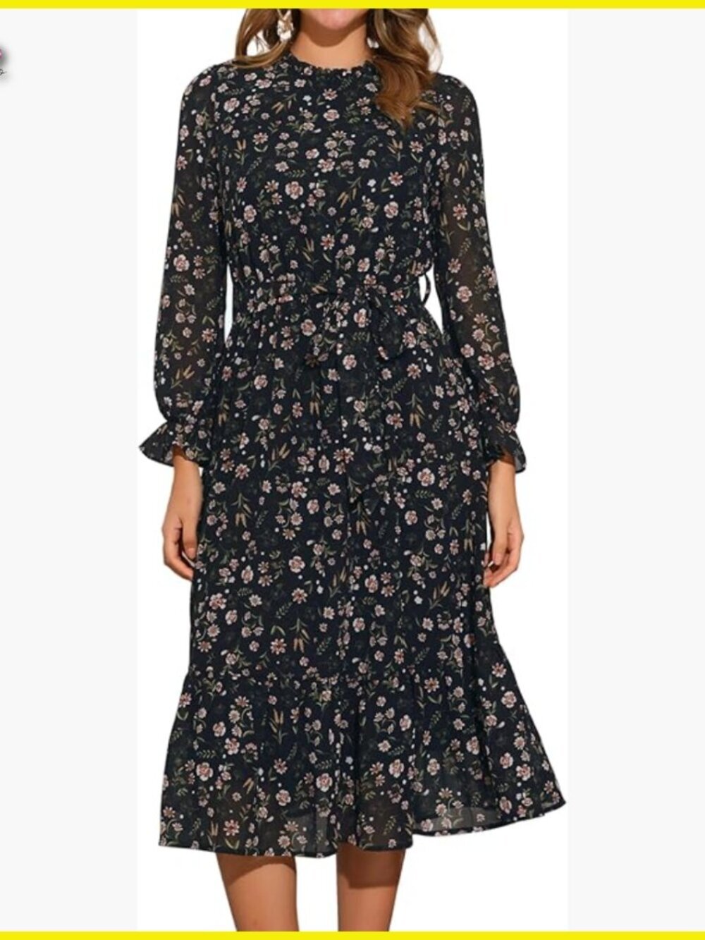 Floral Chiffon Midi Dress Long Sleeve A-Line Boho Elegant Tea Party